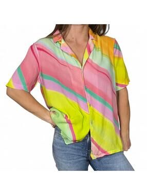 FRNCH Paris Colorful Striped Button Down Short Sleeve Top
